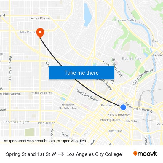 Spring St and 1st St W to Los Angeles City College map