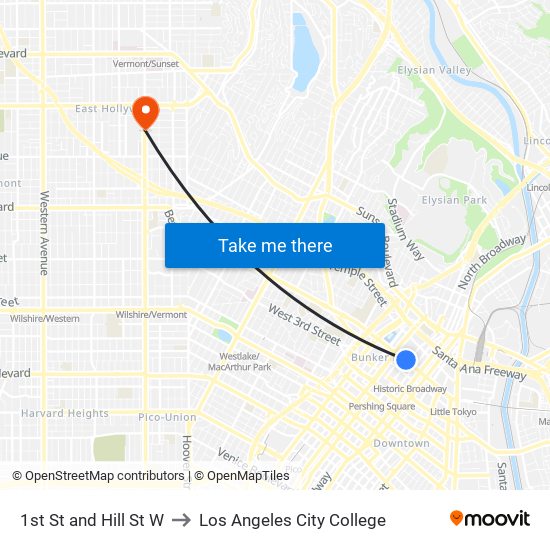 1st St and Hill St W to Los Angeles City College map