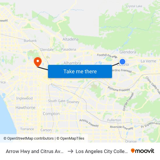 Arrow Hwy and Citrus Ave E to Los Angeles City College map