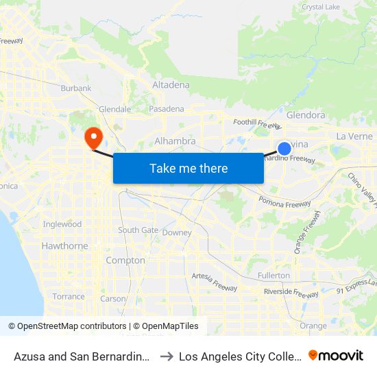 Azusa and San Bernardino N to Los Angeles City College map