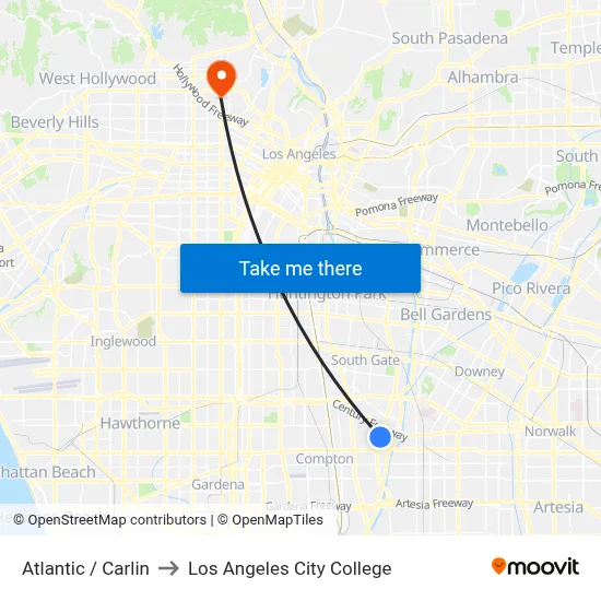 Atlantic / Carlin to Los Angeles City College map