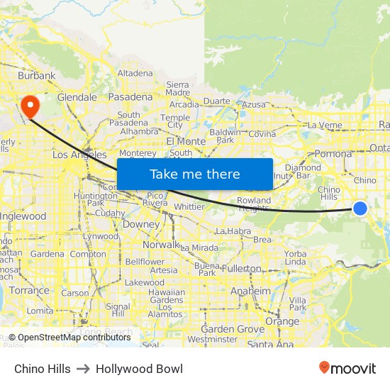 Chino Hills to Hollywood Bowl map