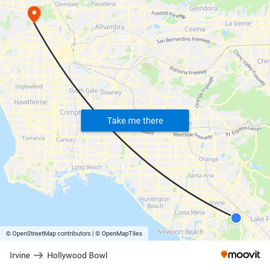 Irvine to Hollywood Bowl map