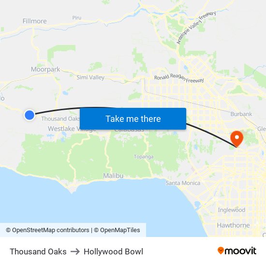 Thousand Oaks to Hollywood Bowl map
