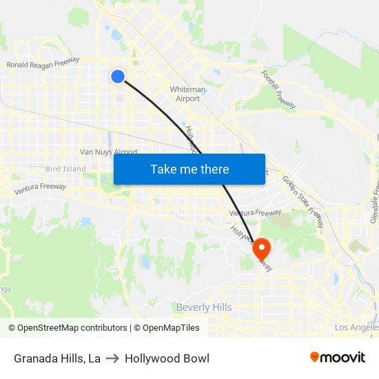 Granada Hills, La to Hollywood Bowl map