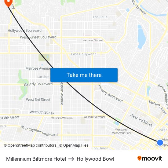 Millennium Biltmore Hotel to Hollywood Bowl map