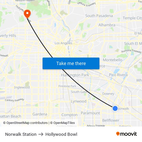 Norwalk Station to Hollywood Bowl map