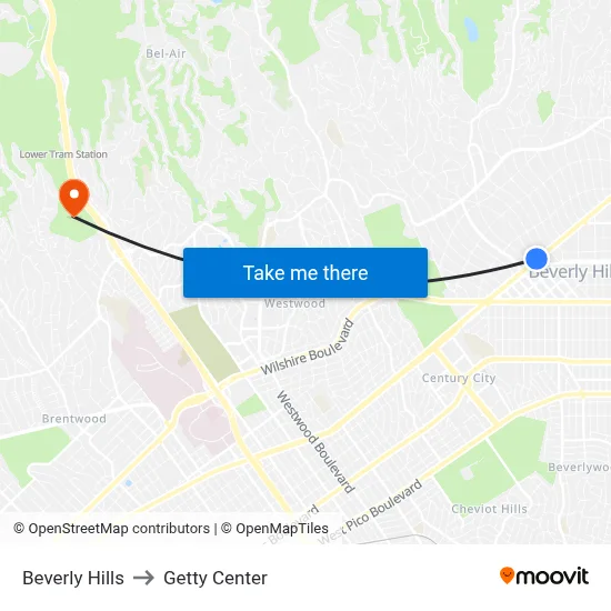 Beverly Hills to Getty Center map