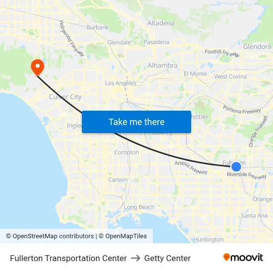 Fullerton Transportation Center to Getty Center map