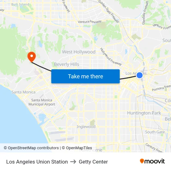 Los Angeles Union Station to Getty Center map