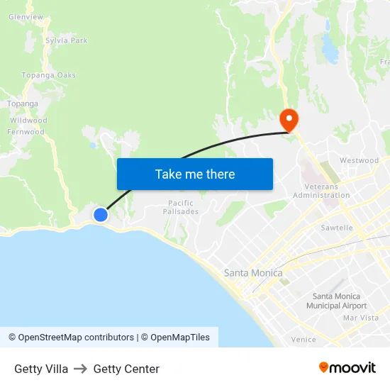 Getty Villa to Getty Center map