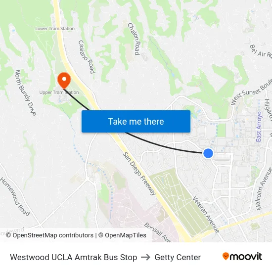 Westwood UCLA Amtrak Bus Stop to Getty Center map
