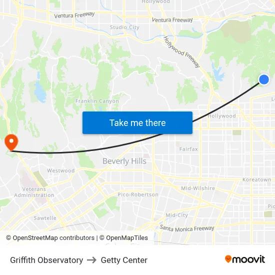 Griffith Observatory to Getty Center map