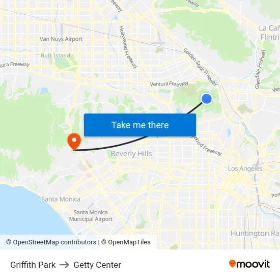 Griffith Park to Getty Center map