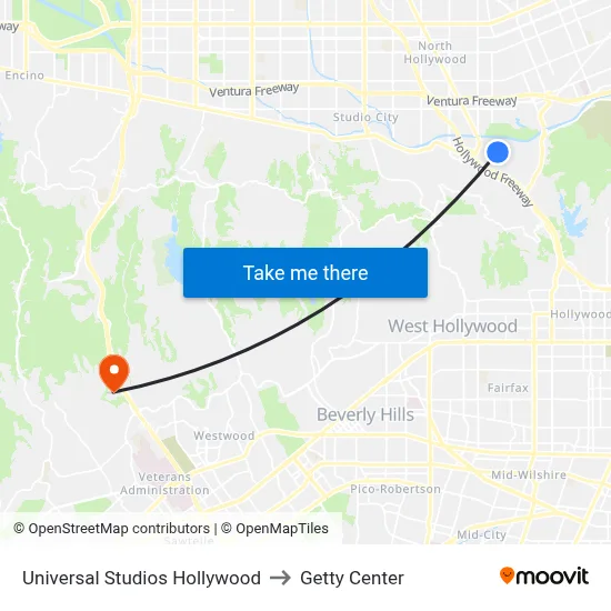 Universal Studios Hollywood to Getty Center map