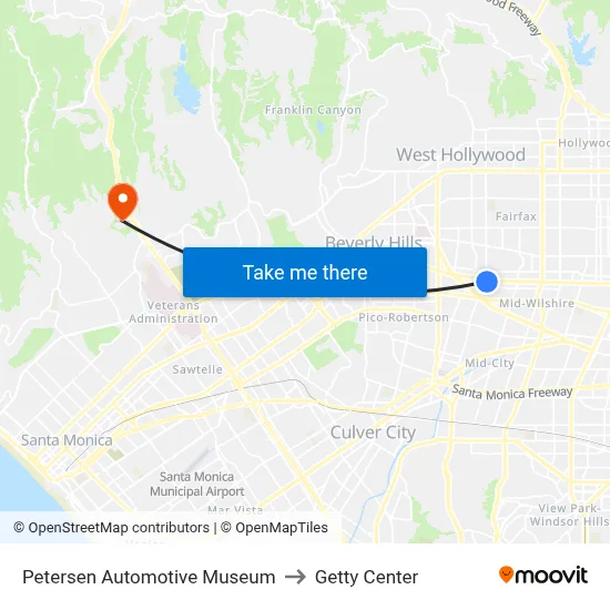 Petersen Automotive Museum‎ to Getty Center map