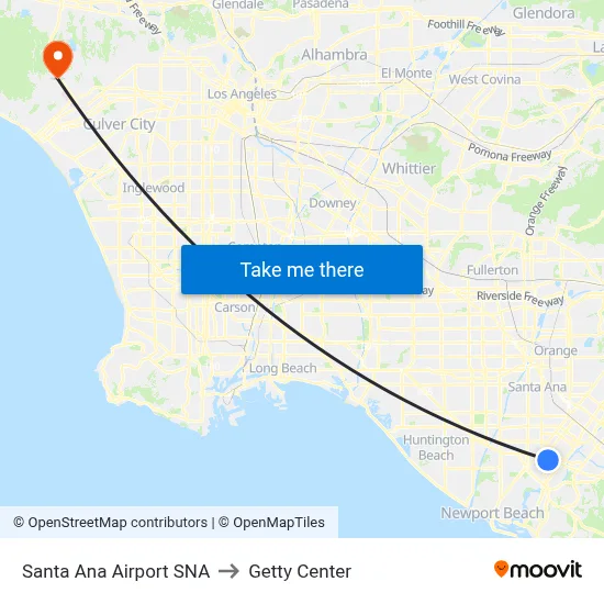 Santa Ana Airport SNA to Getty Center map