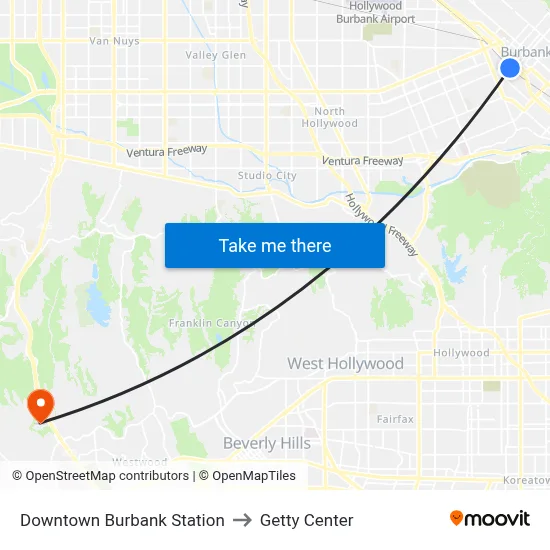 Downtown Burbank Station to Getty Center map