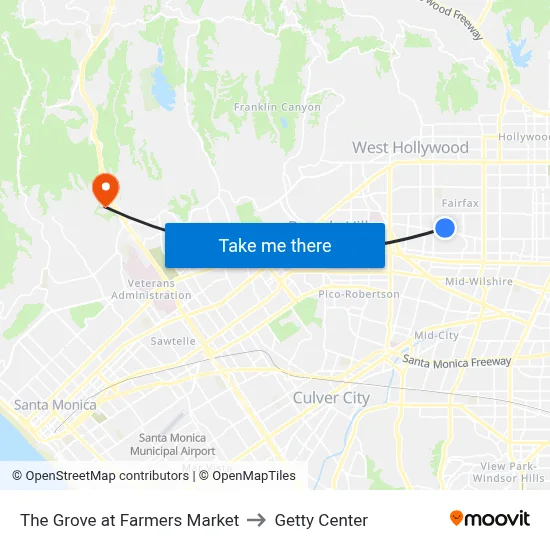The Grove at Farmers Market to Getty Center map