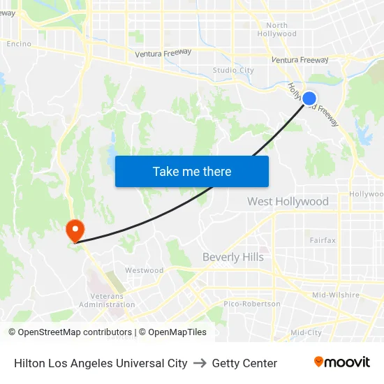 Hilton Los Angeles Universal City to Getty Center map