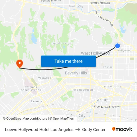 Loews Hollywood Hotel Los Angeles to Getty Center map
