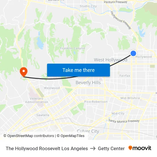 The Hollywood Roosevelt Los Angeles to Getty Center map