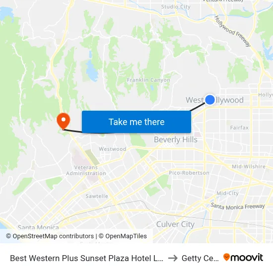 Best Western Plus Sunset Plaza Hotel Los Angeles to Getty Center map