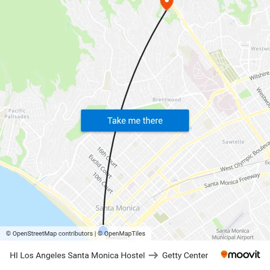 HI Los Angeles Santa Monica Hostel to Getty Center map