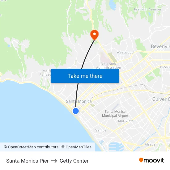 Santa Monica Pier to Getty Center map