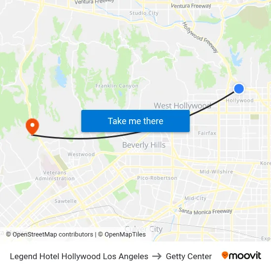Legend Hotel Hollywood Los Angeles to Getty Center map