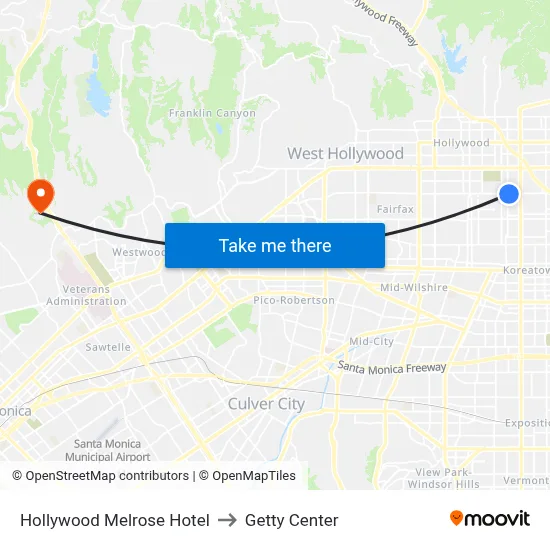 Hollywood Melrose Hotel to Getty Center map