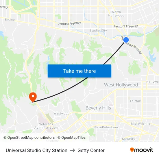 Universal Studio City Station to Getty Center map