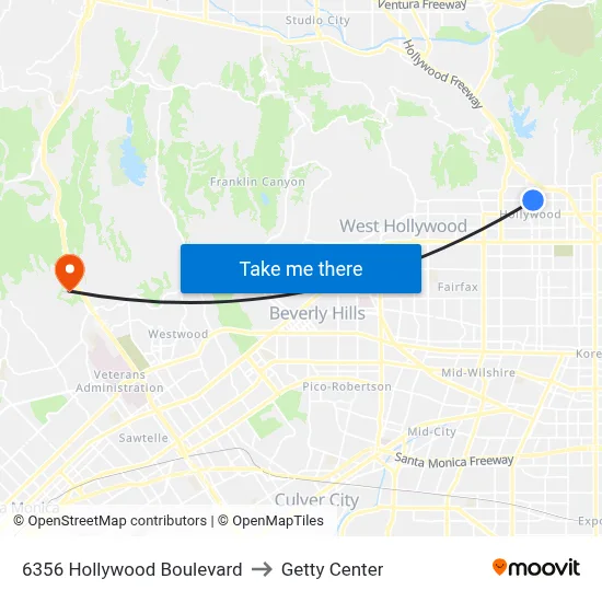 6356 Hollywood Boulevard to Getty Center map