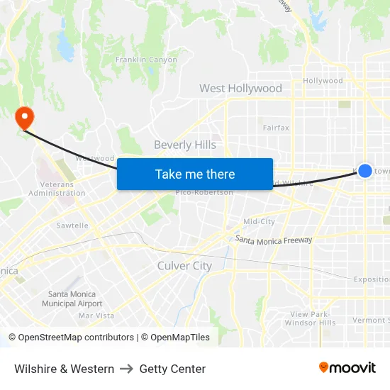 Wilshire & Western to Getty Center map