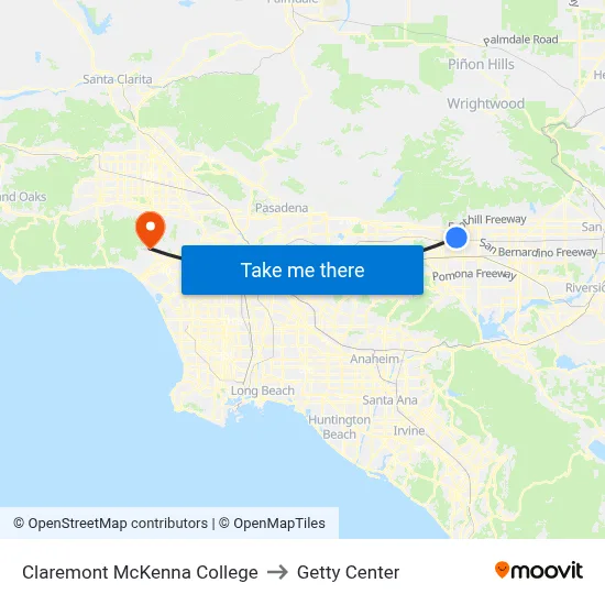 Claremont McKenna College to Getty Center map