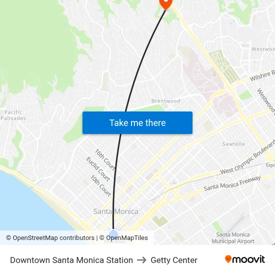 Downtown Santa Monica Station to Getty Center map