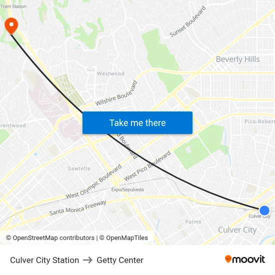 Culver City Station to Getty Center map