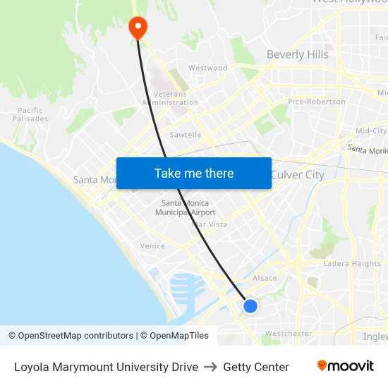 Loyola Marymount University Drive to Getty Center map