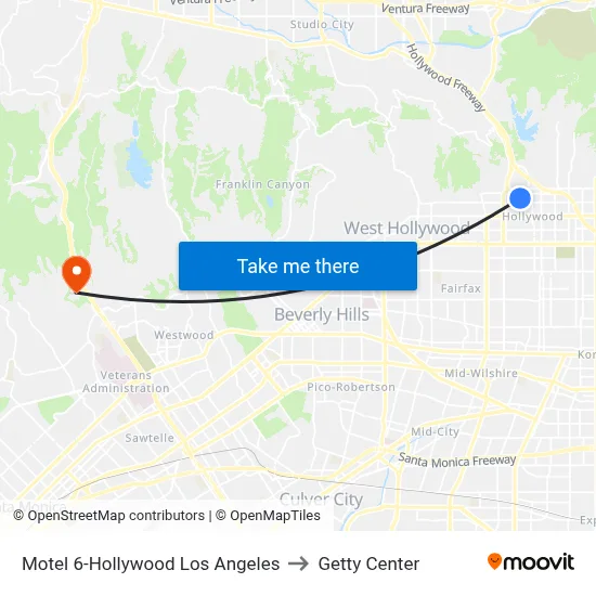 Motel 6-Hollywood Los Angeles to Getty Center map