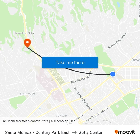 Santa Monica / Century Park East to Getty Center map
