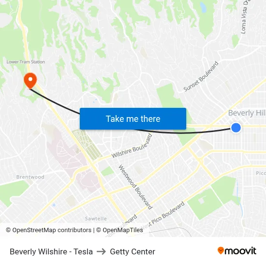 Beverly Wilshire - Tesla to Getty Center map