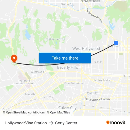 Hollywood/Vine Station to Getty Center map
