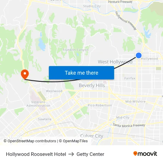 Hollywood Roosevelt Hotel to Getty Center map