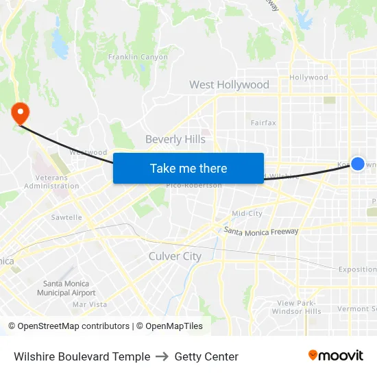 Wilshire Boulevard Temple to Getty Center map