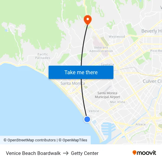 Venice Beach Boardwalk to Getty Center map
