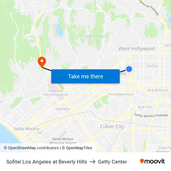Sofitel Los Angeles At Beverly Hills to Getty Center map