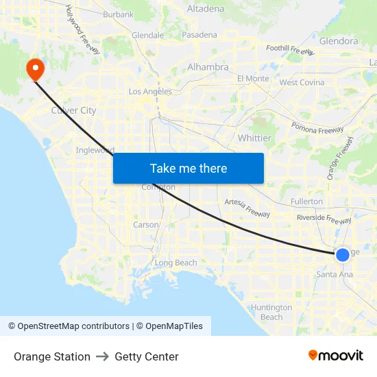 Orange Station to Getty Center map