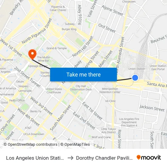 Los Angeles Union Station to Dorothy Chandler Pavilion map