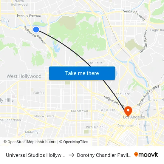 Universal Studios Hollywood to Dorothy Chandler Pavilion map
