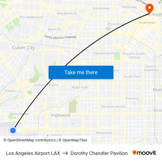 Los Angeles Airport LAX to Dorothy Chandler Pavilion map